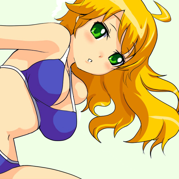 solar kaichuudentou, hoshii miki, idolmaster, idolmaster (classic), idolmaster 1, bad id, bad pixiv id, 00s, 1girl, ahoge, bikini, blonde hair, blue bikini, breasts, female focus, green eyes, long hair, simple background, solo, swimsuit
