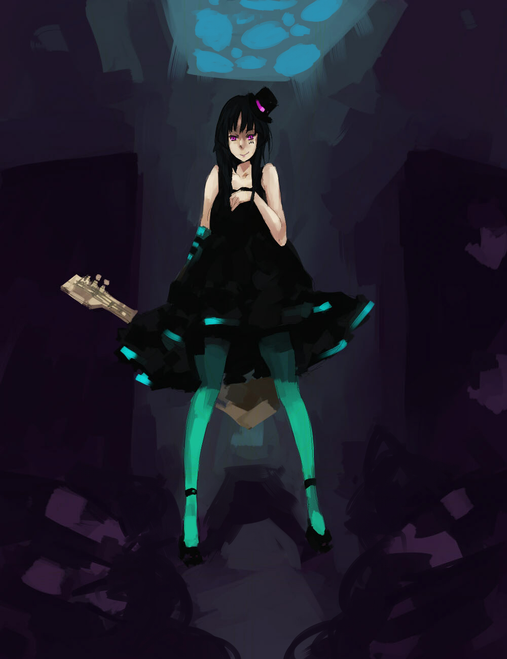 cha, akiyama mio, don't say "lazy", k-on!, highres, 00s, 1girl, bass guitar, black hair, blue pantyhose, blunt bangs, dark, female focus, gothic lolita, hat, hime cut, instrument, lolita fashion, mini hat, mini top hat, pantyhose, solo, top hat