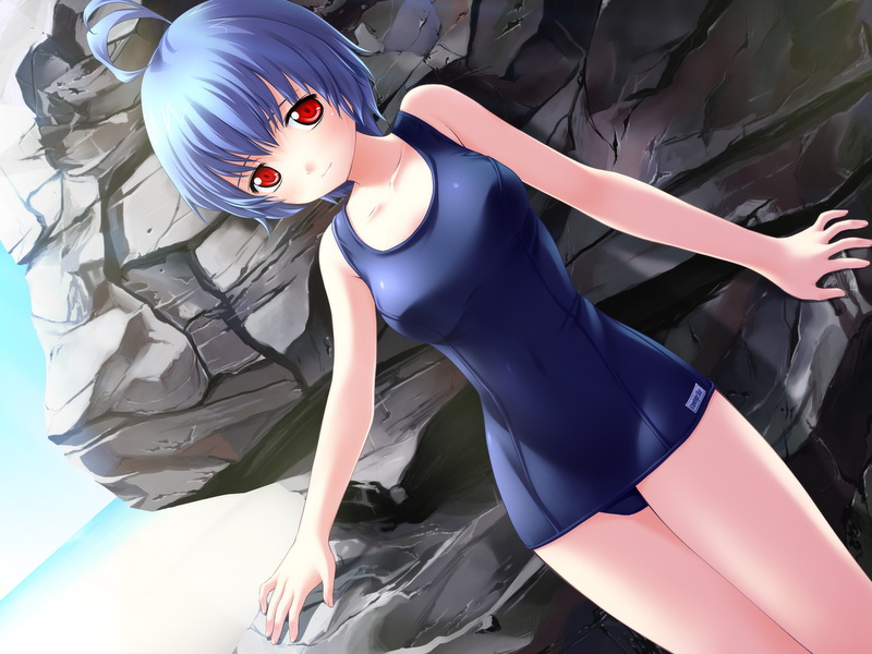 okitsu ai, tenkuu no yumina, game cg, 1girl, aqua eyes, beach, blue hair, day, female focus, one-piece swimsuit, red eyes, rock, school swimsuit, solo, swimsuit