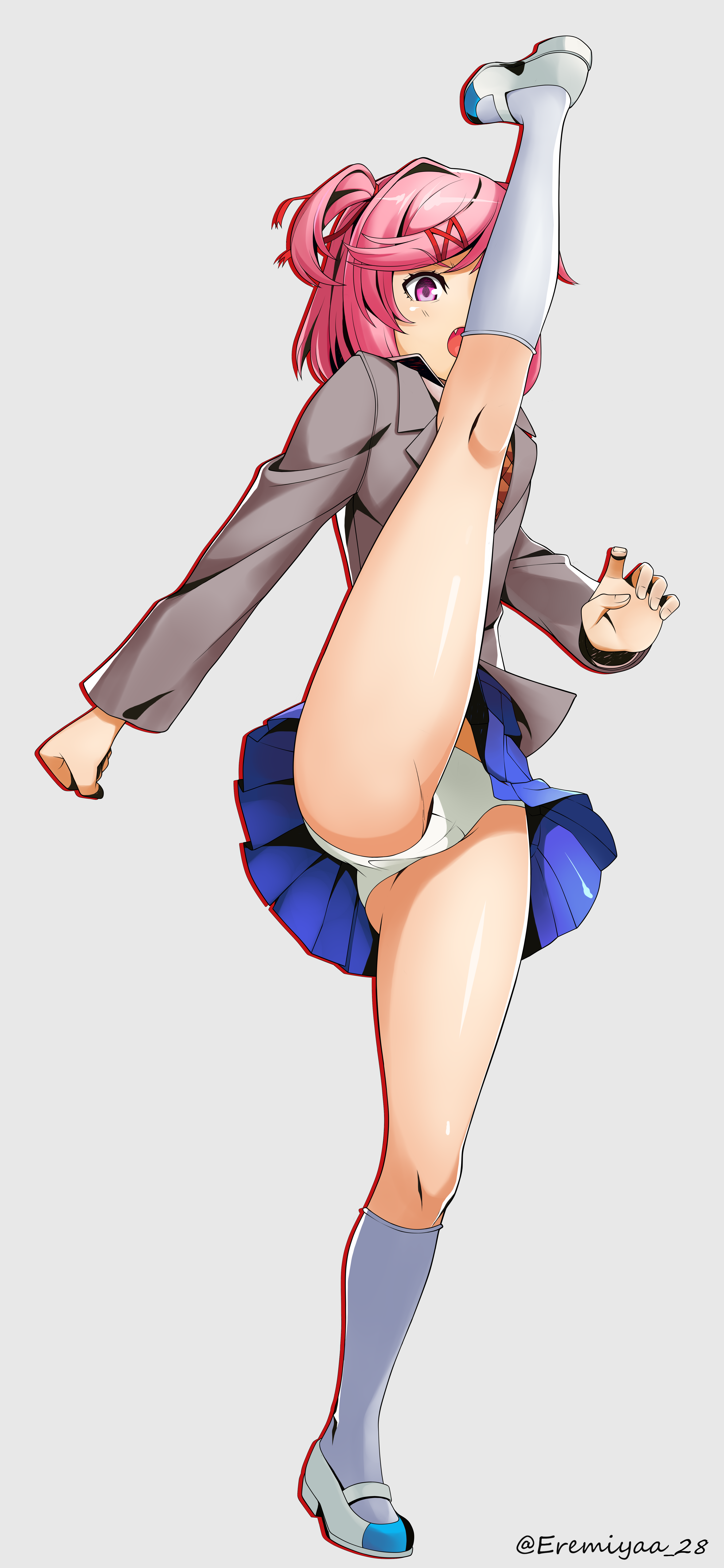 eremiya (loleremiya), natsuki (doki doki literature club), doki doki literature club, absurdres, highres, 1girl, ass, blazer, blue skirt, blush, brown jacket, brown sweater vest, cameltoe, crotch seam, doki doki literature club school uniform, fang, grey background, grey socks, hair ornament, hairclip, high kick, jacket, kicking, kneeling, long sleeves, open mouth, panties, pink eyes, pink hair, pleated skirt, school uniform, shirt, shoes, short hair, simple background, skindentation, skirt, socks, standing, standing on one leg, sweater, sweater vest, twintails, underwear, uwabaki, white panties, white shirt, white shoes, wind, wind lift, x hair ornament