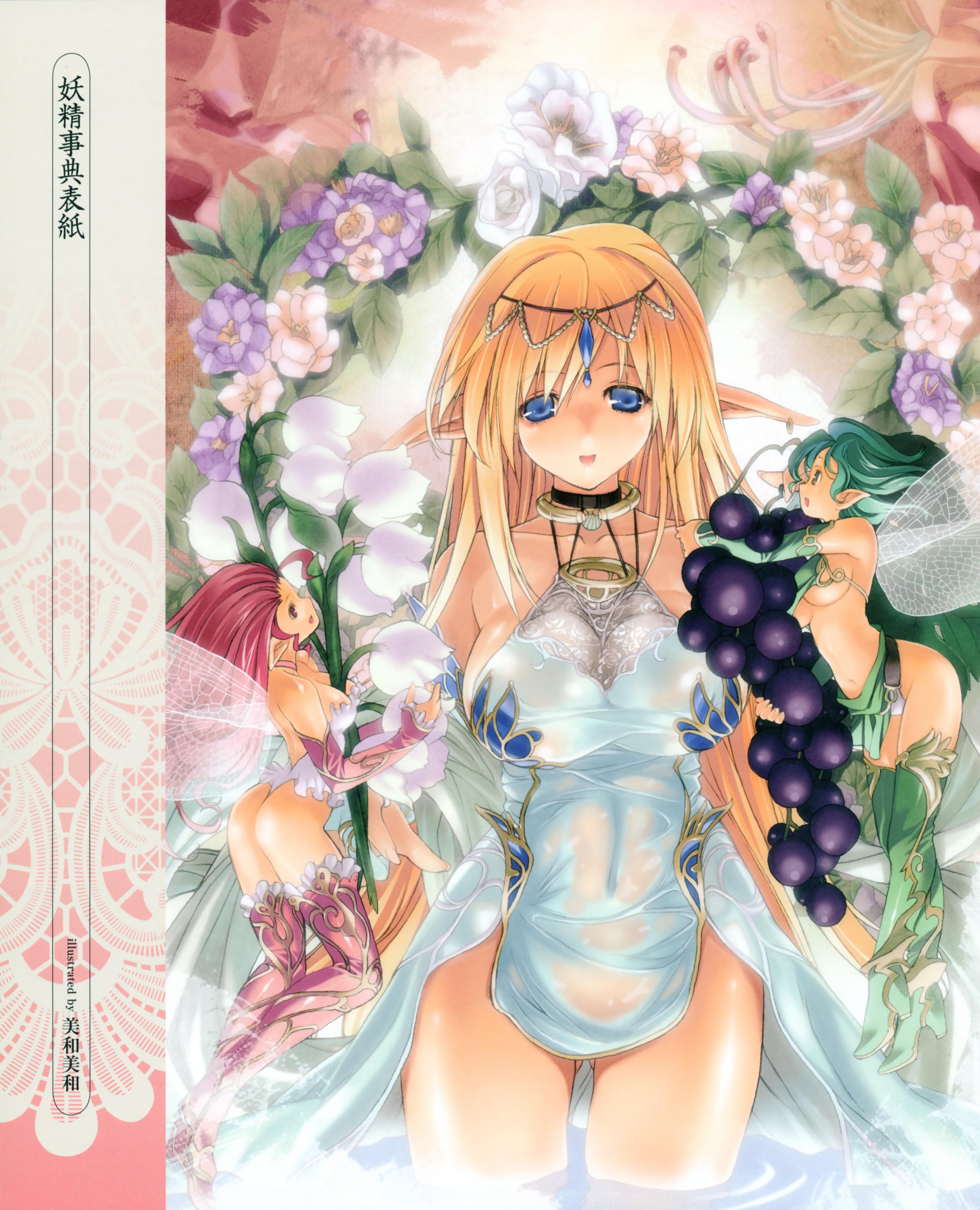 miwa yoshikazu, absurdres, highres, 3girls, abs, ass, between breasts, blonde hair, blue eyes, boots, breasts, collarbone, detached sleeves, dress, elf, fairy, flower, food, fruit, grapes, green eyes, green hair, hair ornament, large breasts, lily of the valley, long hair, looking at viewer, matching hair/eyes, mini person, minigirl, multiple girls, partially submerged, person between breasts, pink hair, pointy ears, red eyes, solo, standing, thigh boots, thighhighs, underboob, wading, white dress, wings