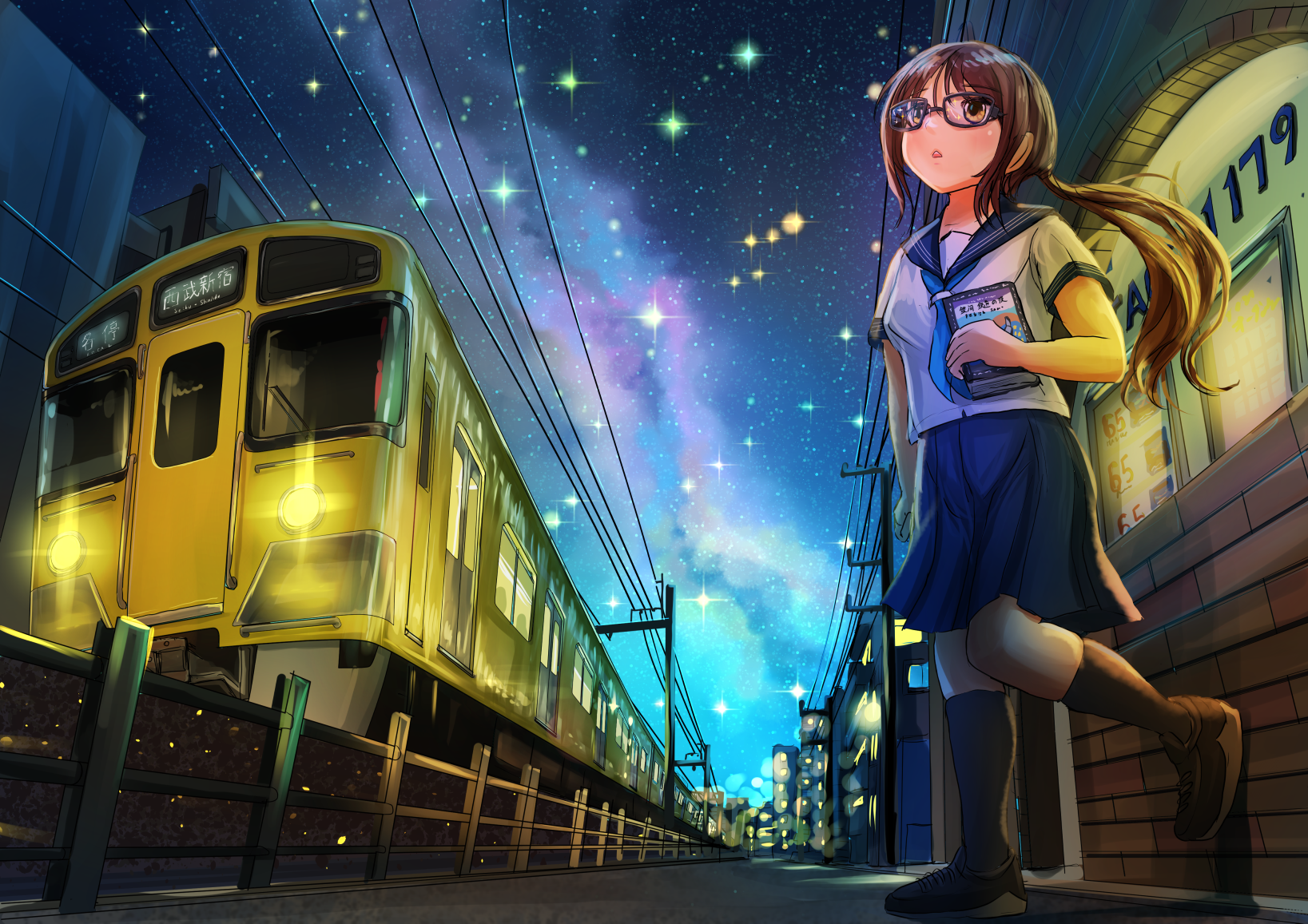 highres, 1girl, blue skirt, brown hair, night, sailor collar, seibu tetsudou, skirt, train