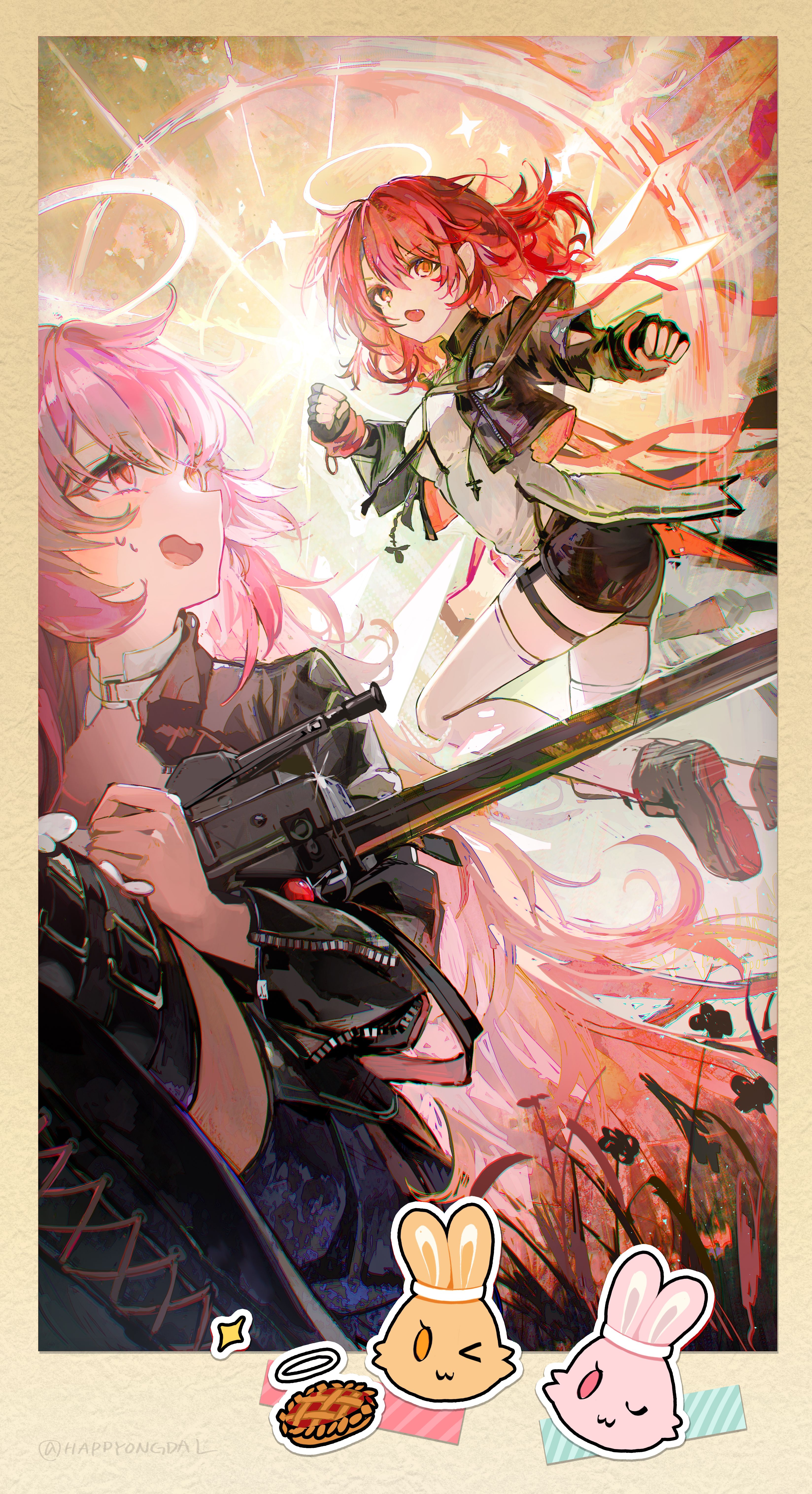 happyongdal, exusiai (arknights), exusiai the new covenant (arknights), lemuen (arknights), arknights, absurdres, commentary request, highres, 2girls, adoptive siblings, black boots, black gloves, black shorts, boots, border, cropped jacket, fang, fingerless gloves, gloves, gun, halo, jacket, lace-up boots, multiple girls, open clothes, open jacket, orange eyes, pink hair, red hair, rifle, shorts, siblings, sideways mouth, sisters, sniper rifle, thigh boots, twitter username, weapon