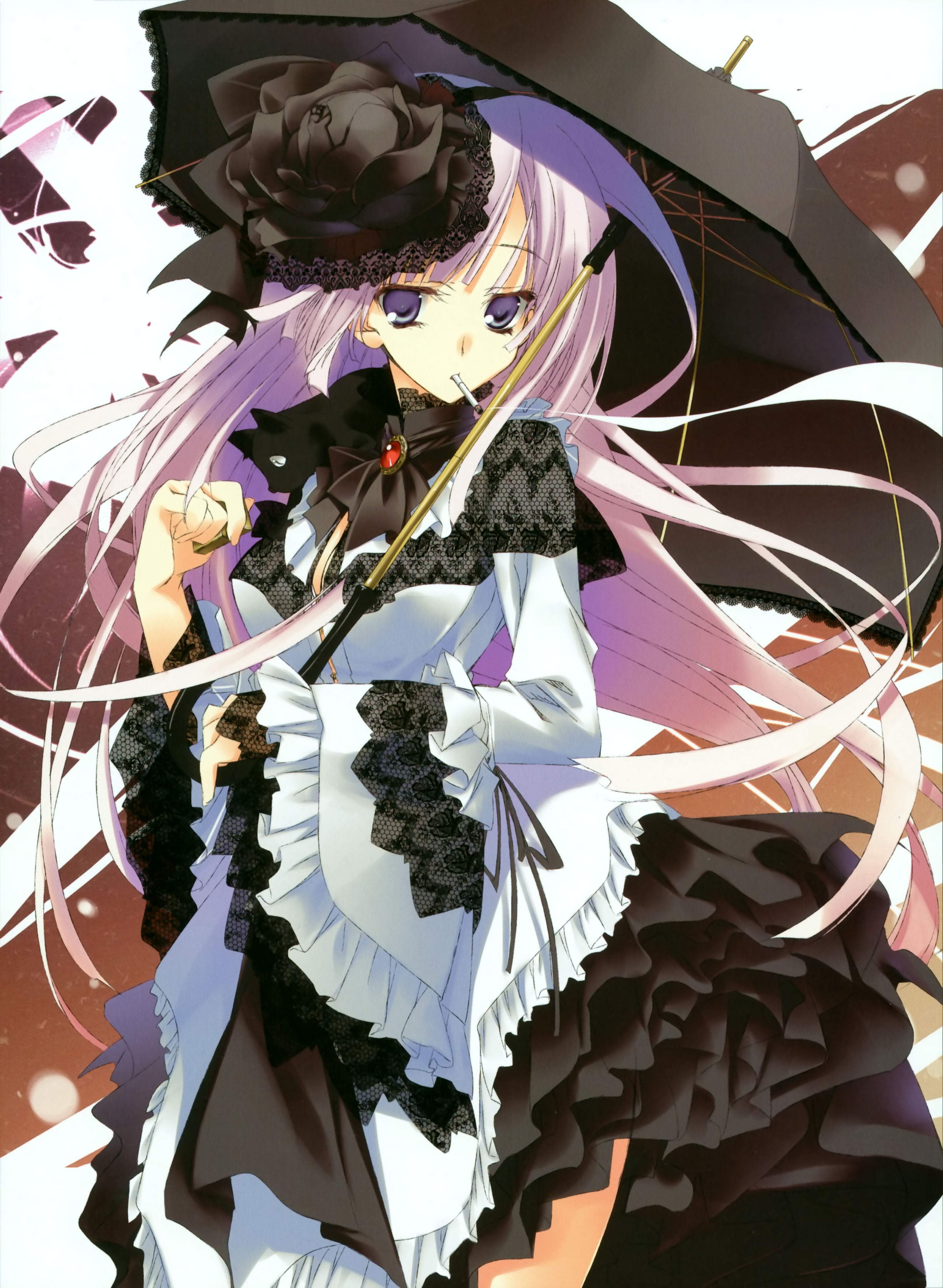 kagome (traumatize), absurdres, highres, cigarette, dress, flower, long hair, purple eyes, purple hair, smoking, umbrella