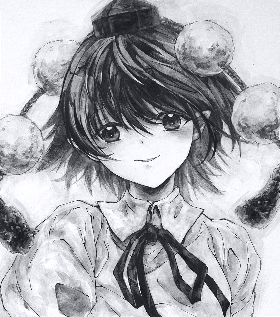 ikeda ruriko, shameimaru aya, touhou, black hair, collared shirt, greyscale, hat, looking at viewer, monochrome, pom pom (clothes), shirt, short hair, straight-on, tokin hat, white background