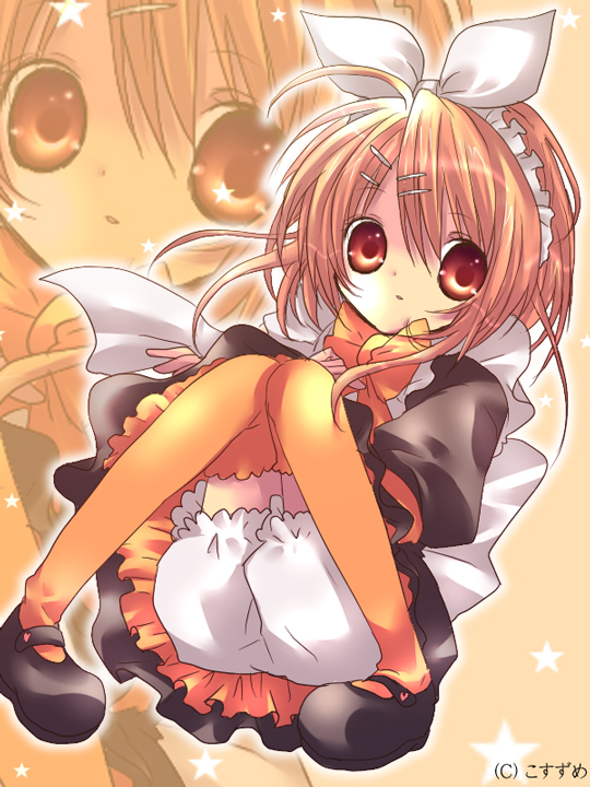 kosuzume, kagamine rin, vocaloid, bad id, bad pixiv id, alternate costume, blonde hair, bow, brown eyes, enmaided, hair bow, hair ornament, hairclip, maid, panties, skirt, solo, thighhighs, underwear, upskirt, zoom layer