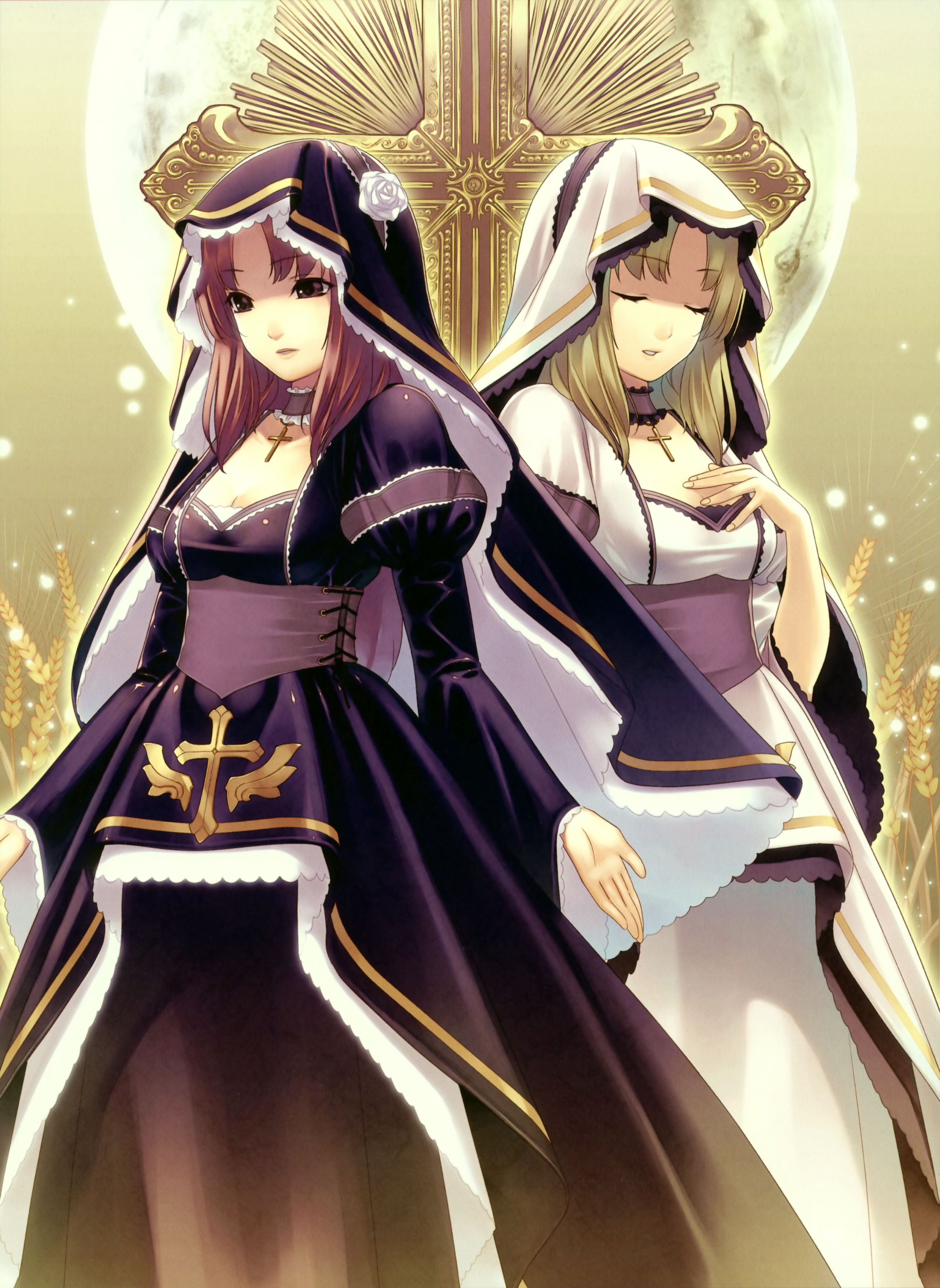 hirano katsuyuki, tsuyuki, absurdres, highres, 2girls, blonde hair, closed eyes, dress, multiple girls, red eyes, red hair