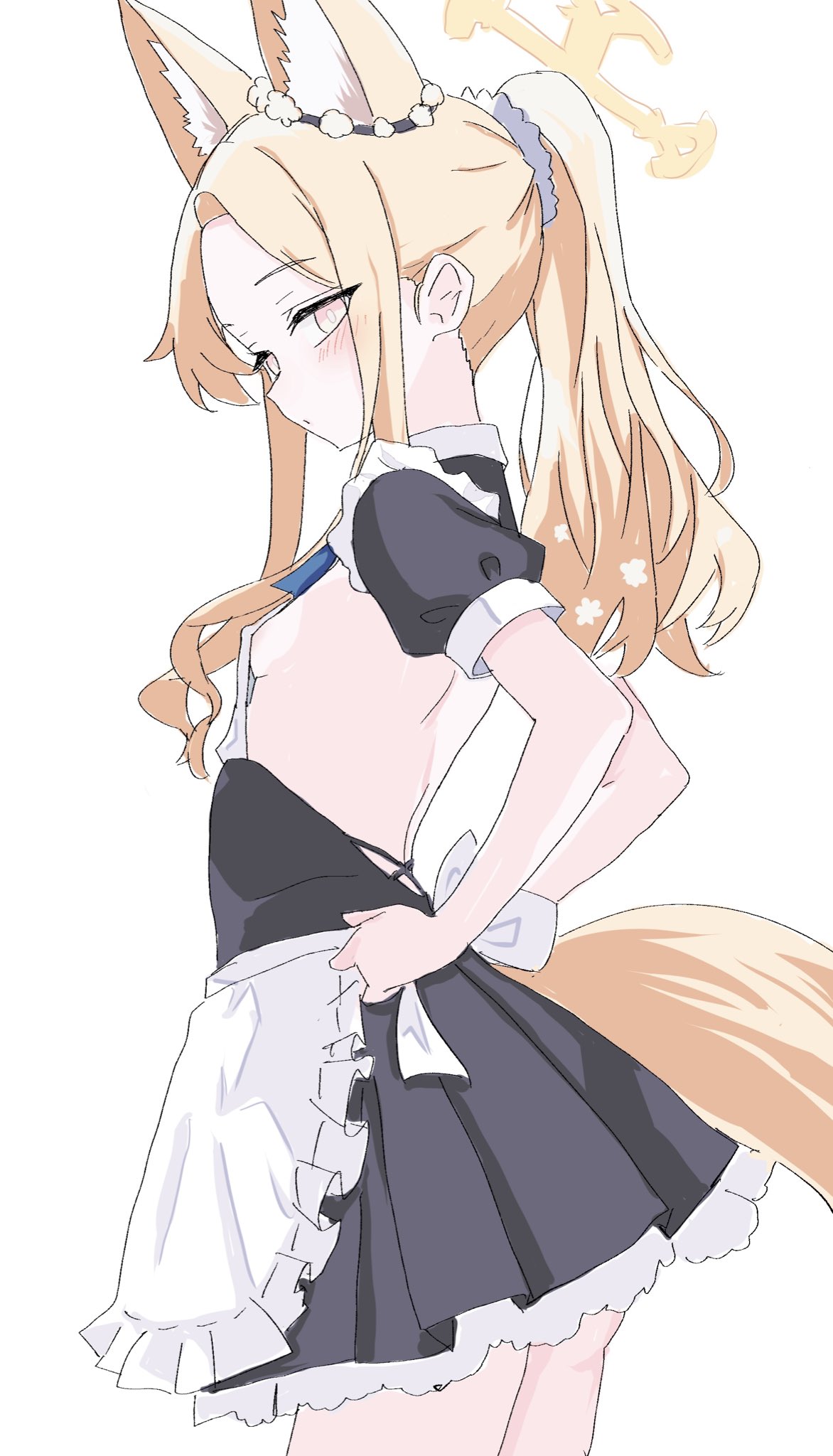 kamitosayu, seia (blue archive), blue archive, highres, 1girl, alternate costume, animal ears, apron, blonde hair, breasts, fox ears, fox girl, fox tail, long hair, maid, maid apron, sideboob, simple background, small breasts, tail, white background, yellow eyes