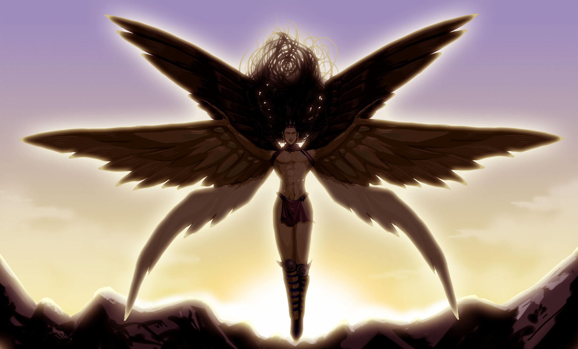 riko (k riko), kars (jojo), jojo no kimyou na bouken, bad id, bad pixiv id, highres, 1boy, angel, angel wings, black hair, boots, light rays, loincloth, male focus, mountain, multiple wings, narrow waist, pelvic curtain, red eyes, seraph, solo, sunbeam, sunlight, wavy hair, wings