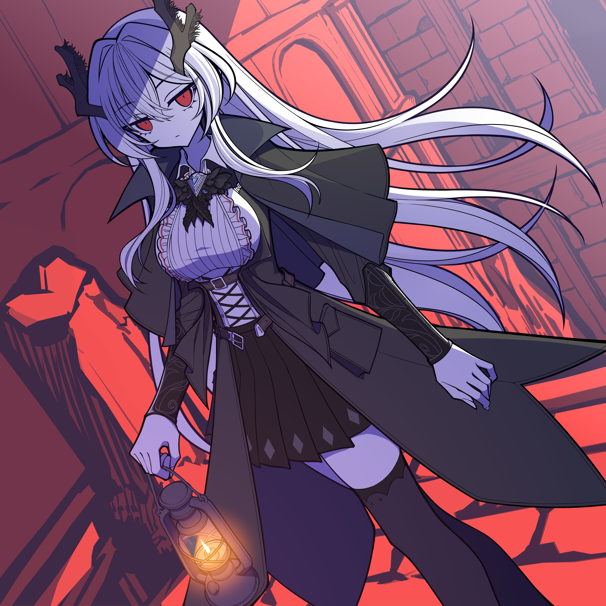 original, absurdres, commentary request, commission, highres, 1girl, belt, black coat, black horns, black skirt, black thighhighs, blue gemstone, breasts, brown belt, center frills, closed mouth, coat, collared coat, criss-cross strings, dungeon, dutch angle, frills, gem, hair between eyes, hair intakes, holding, holding lamp, horns, long hair, looking at viewer, medium breasts, oil lamp, pleated skirt, red background, red eyes, shirt, sidelocks, skirt, slit pupils, solo, standing, thighhighs, thighs, user ayje7258, vambraces, very long hair, white hair, white shirt