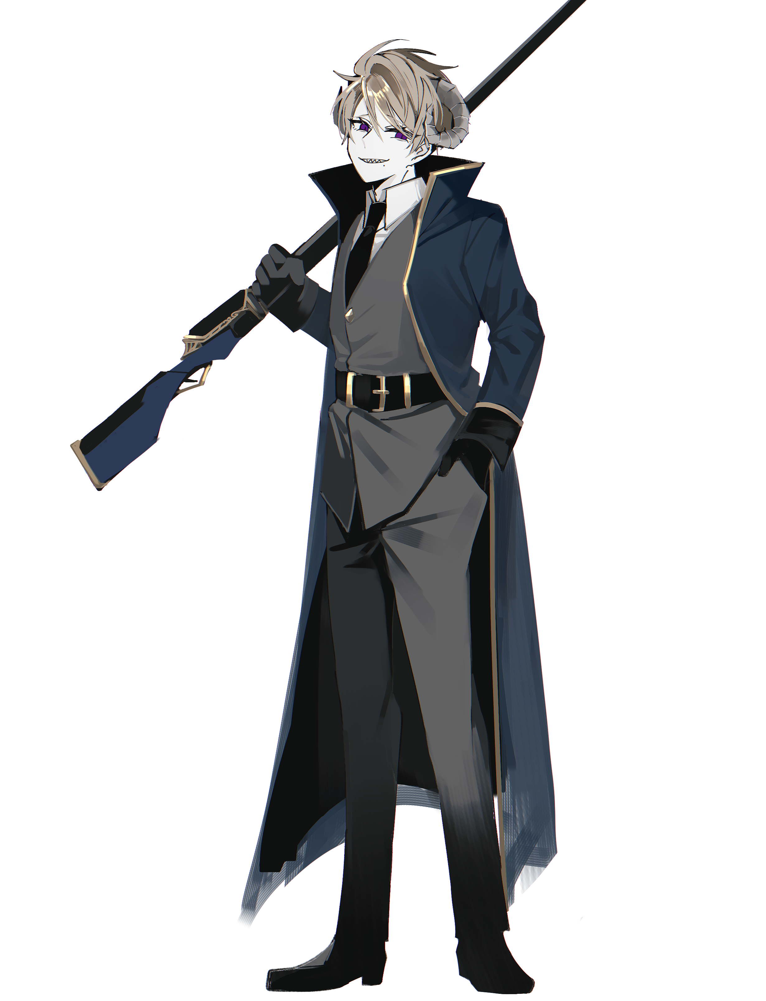 employee (project moon), nugget (project moon), lobotomy corporation, project moon, absurdres, highres, 1boy, 779 nnk, belt, belt buckle, black belt, black gloves, black necktie, black shoes, blonde hair, blue coat, buckle, coat, collared shirt, curled horns, dress pants, e.g.o (project moon), engulfing dream (e.g.o), formal clothes, full body, gloves, grey pants, grey suit, gun, hand in pocket, holding, holding gun, holding weapon, horns, long sleeves, magic bullet (e.g.o), male focus, mole, mole under mouth, necktie, open clothes, open coat, over shoulder, pants, purple eyes, rifle, sharp teeth, sheep horns, shirt, shoes, short hair, simple background, smile, smirk, solo, standing, suit, teeth, weapon, weapon over shoulder, white background, white shirt