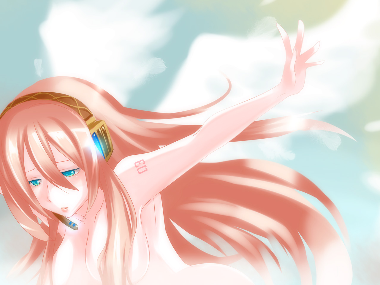 caffein, megurine luka, vocaloid, 1girl, aqua eyes, armpits, breasts, female focus, flying, long hair, nude, pink hair, solo, wings