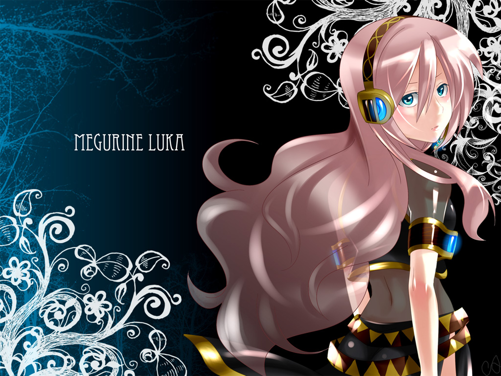 caffein, megurine luka, vocaloid, aqua eyes, curly hair, detached sleeves, headphones, long hair, night, pink hair, solo, tattoo