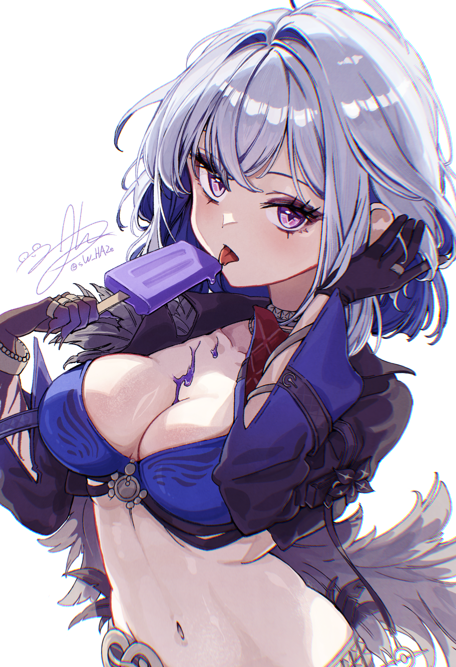 sw haze, galbrena (wuthering waves), wuthering waves, absurdres, commentary request, highres, korean commentary, 1girl, black gloves, black jacket, blue bra, bra, breasts, chromatic aberration, cleavage, cropped jacket, food, gloves, grey hair, hair intakes, hand up, holding, holding food, holding popsicle, jacket, large breasts, licking, looking at viewer, medium hair, navel, popsicle, purple eyes, sidelocks, signature, simple background, solo, stomach, tongue, tongue out, underwear, upper body, white background