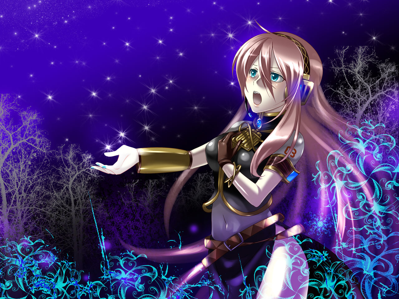 caffein, megurine luka, vocaloid, aqua eyes, detached sleeves, headphones, long hair, music, nail polish, night, pink hair, singing, solo, tattoo