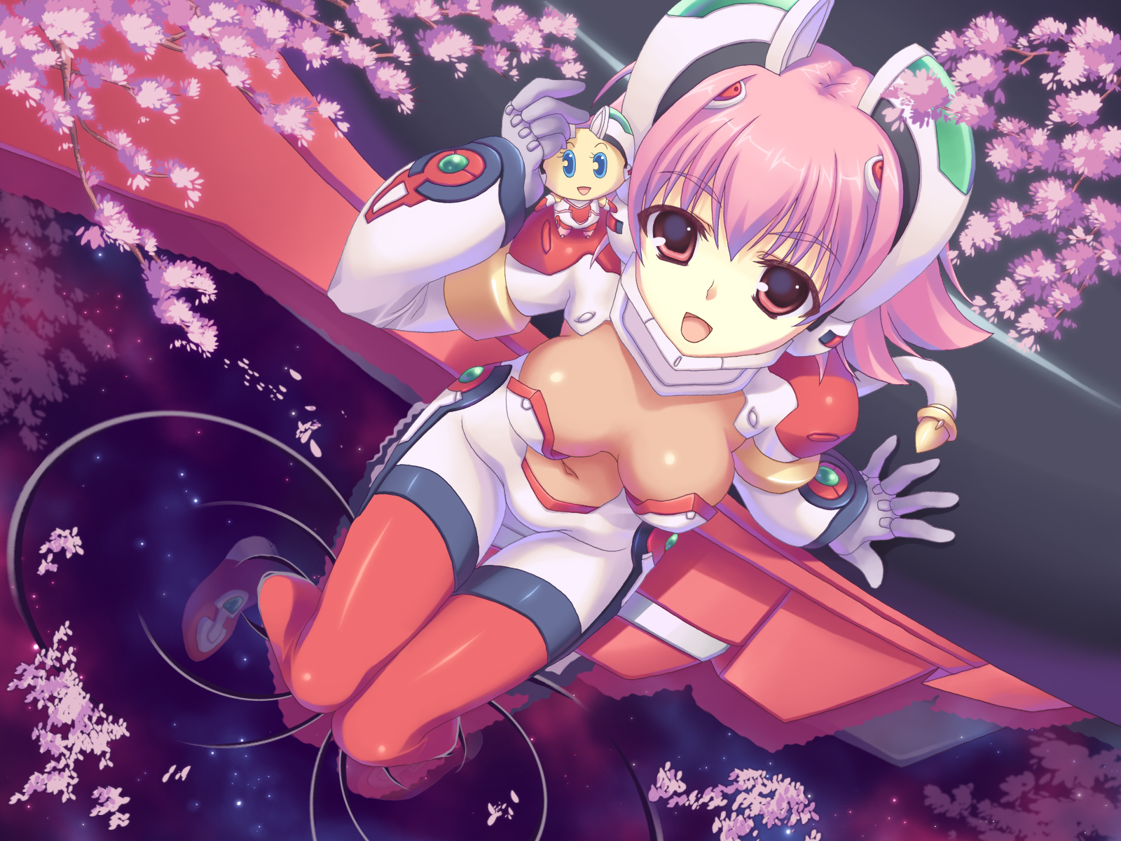 aoi sora-maru, shishidou akiha, sora wo kakeru shoujo, highres, 00s, 1girl, bodysuit, breasts, cleavage, female focus, large breasts, pink eyes, pink hair, solo