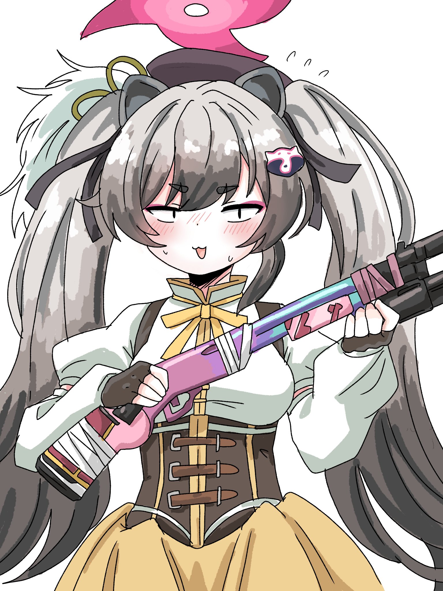 tachikaze miyako, michiru (blue archive), mizuhashi kaori, tomoe mami, tomoe mami (magical girl), blue archive, mahou shoujo madoka magica, mahou shoujo madoka magica (anime), commentary request, highres, translation request, 1girl, animal ears, cosplay, detached sleeves, grey hair, gun, halo, holding, holding gun, holding weapon, long hair, looking at viewer, magical girl, open mouth, puffy short sleeves, puffy sleeves, pump action, raccoon ears, raccoon girl, raccoon hair ornament, remington 870, short sleeves, shotgun, simple background, smile, solo, sweatdrop, tomoe mami (cosplay), twintails, upper body, voice actor connection, weapon, white background, yellow eyes