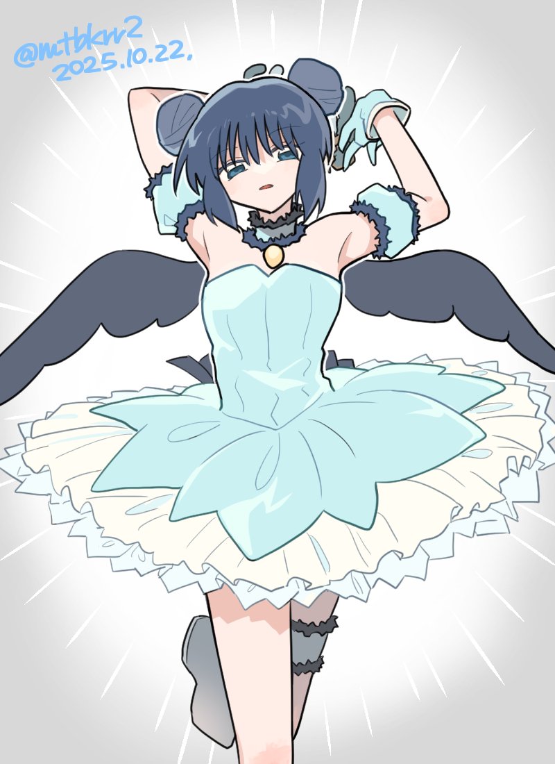hs1122, aizawa mint, mew mint, tokyo mew mew, 1girl, aqua dress, aqua gloves, ballerina, ballet, ballet dress, black hair, black wings, collar, detached sleeves, double bun, dress, frilled collar, frilled sleeves, frills, gloves, gold pendant, hair bun, looking at viewer, pendant collar, puffy detached sleeves, puffy sleeves, thigh strap, tutu, wings