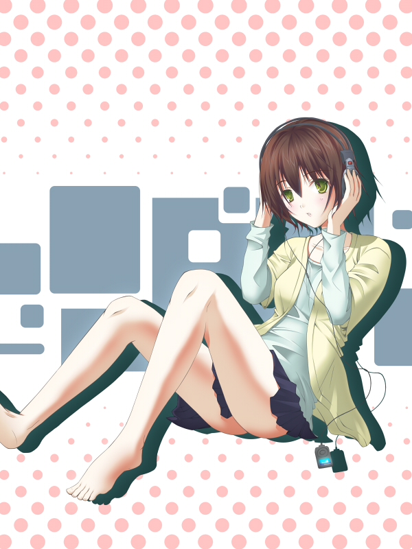 miisuke, miisuke…, original, bad id, bad pixiv id, 1girl, barefoot, brown hair, digital media player, feet, female focus, green eyes, headphones, ipod, skirt, solo