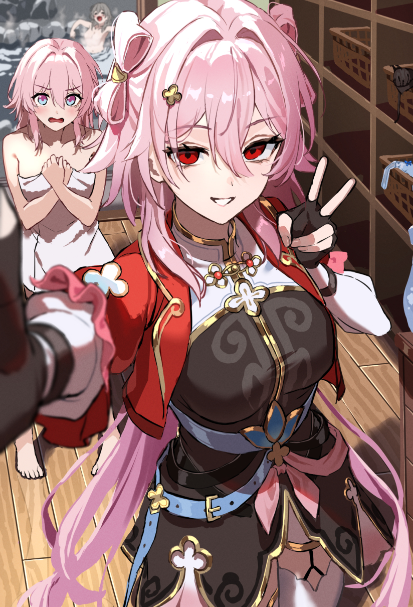 nao (naoooo a), evernight (honkai: star rail), march 7th (honkai: star rail), march 7th (hunt) (honkai: star rail), stelle (honkai: star rail), trailblazer (honkai: star rail), honkai: star rail, honkai (series), highres, 3girls, black gloves, bow-shaped hair, cropped jacket, dress, dual persona, fingerless gloves, gloves, hair between eyes, jacket, long hair, looking at viewer, multiple girls, naked towel, official alternate costume, open mouth, red eyes, red jacket, selfie, short hair, short sleeves, smile, standing, thighhighs, towel, v, white thighhighs