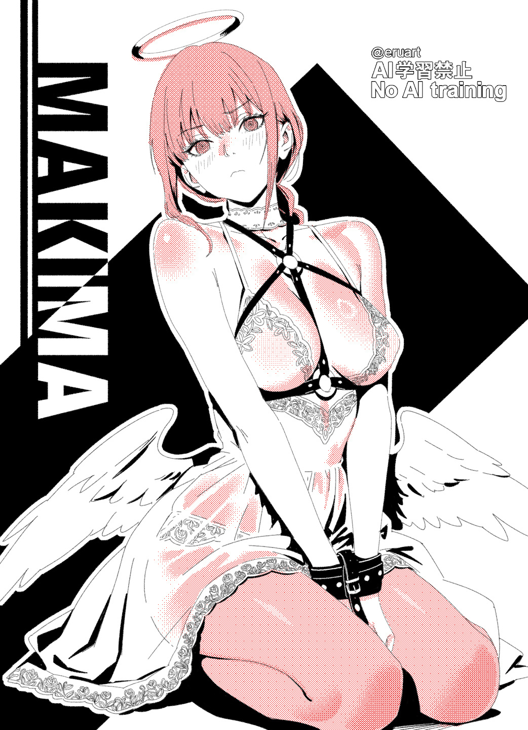 rapa rachi, makima (chainsaw man), chainsaw man, commentary request, highres, 1girl, alternate costume, angel, angel wings, arms between legs, black background, blonde hair, blush, bound, bound wrists, breasts, character name, chemise, cleavage, closed mouth, collarbone, feathered wings, frown, full body, halo, kneeling, large breasts, looking at viewer, low wings, o-ring, panties, red hair, restrained, ringed eyes, see-through chemise, see-through clothes, solo, thighs, traditional halo, twintails, two-tone background, underwear, white background, white chemise, white panties, white wings, wings, yellow eyes