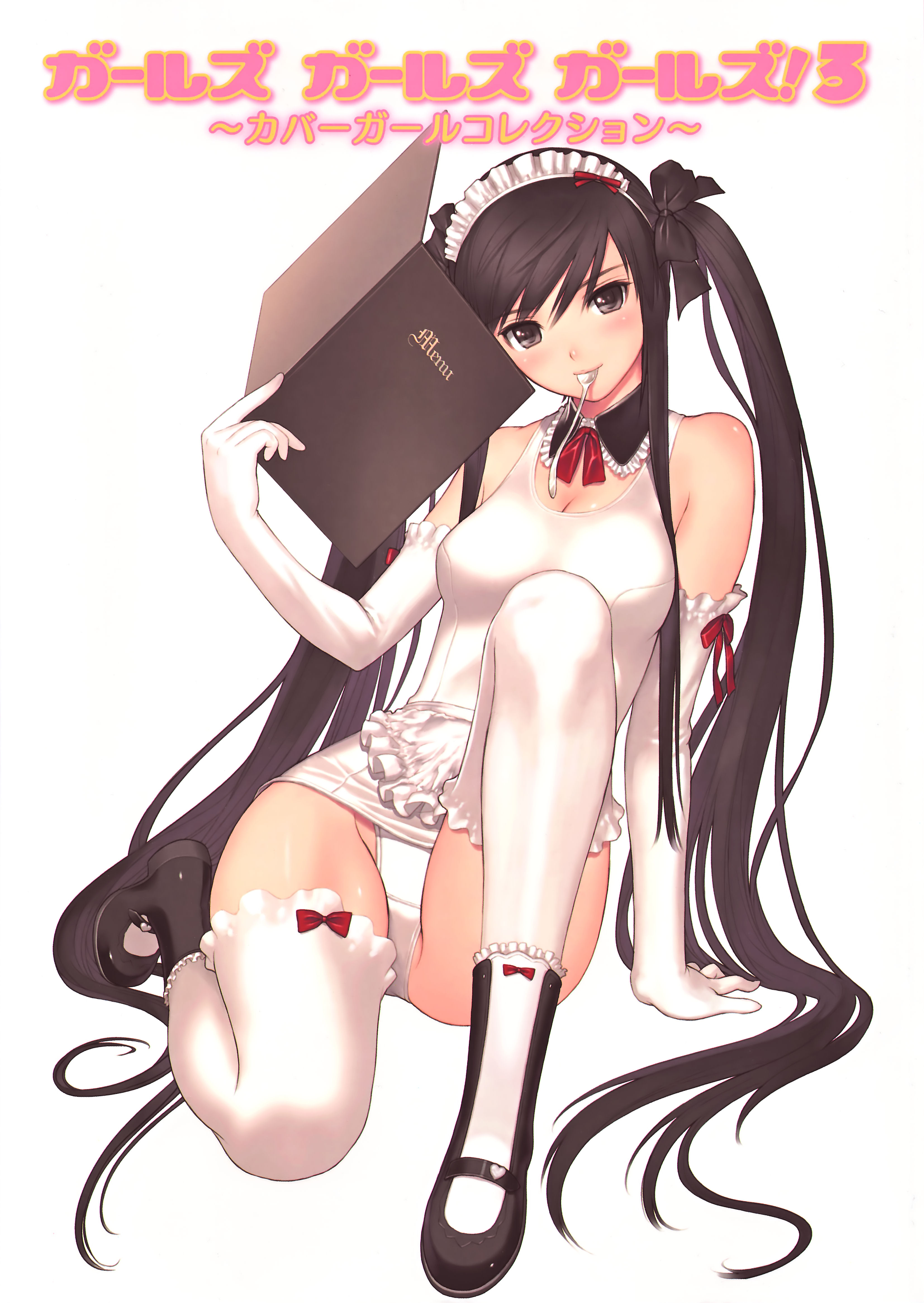 tony taka, absurdres, highres, 1girl, apron, arm support, black eyes, black hair, blush, bow, breasts, brown eyes, brown hair, cleavage, elbow gloves, female focus, frills, gloves, hair bow, hair ribbon, head tilt, holding, kneeling, large breasts, long hair, long legs, maid headdress, mary janes, menu, mouth hold, one-piece swimsuit, panties, ribbon, school swimsuit, shoes, sitting, solo, spoon, swimsuit, thighhighs, twintails, underwear, very long hair, waist apron, waitress, white one-piece swimsuit, white panties, white school swimsuit, white thighhighs