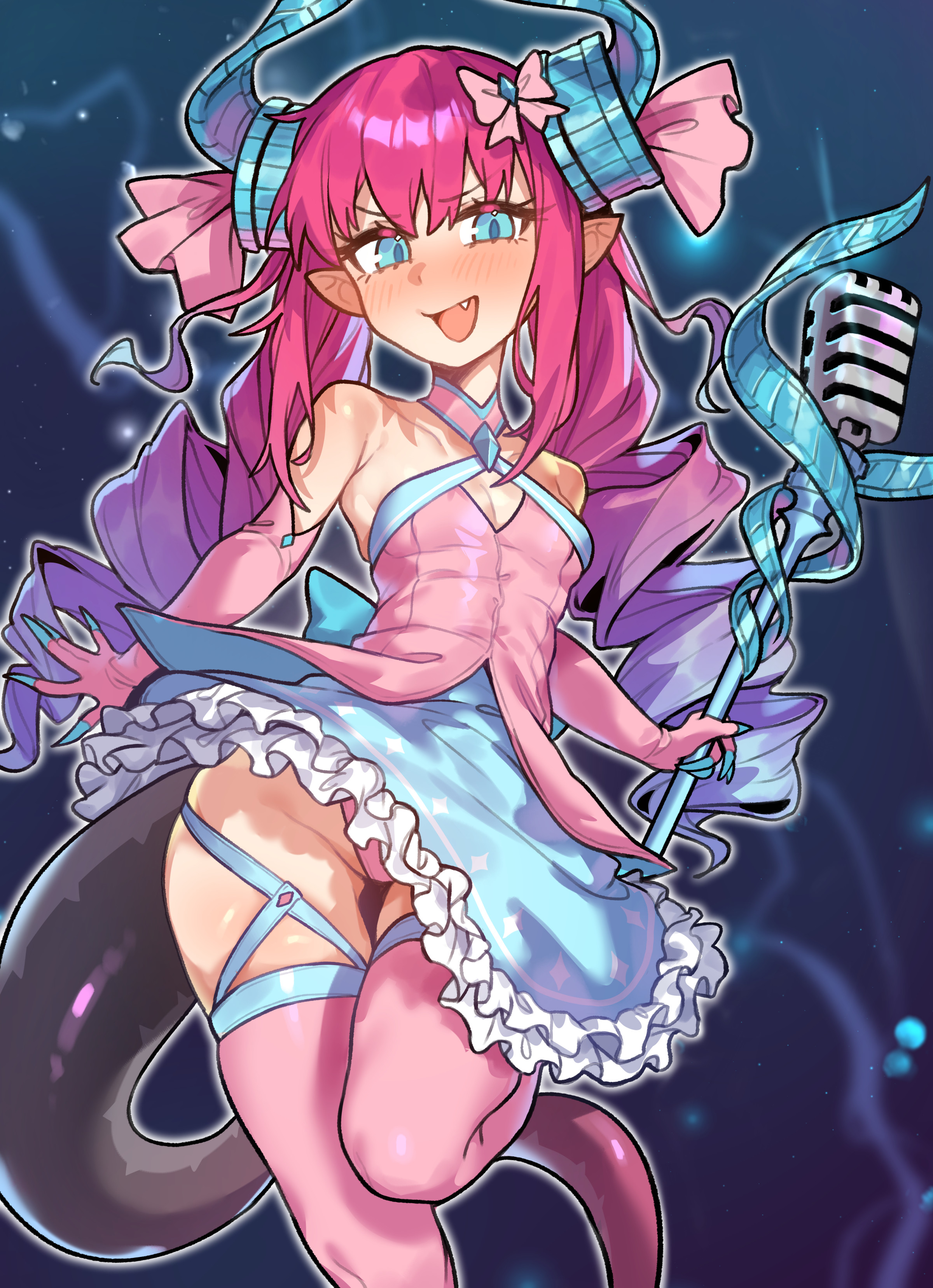 radishkek, elizabeth bathory (fate), fate/grand order, fate (series), absurdres, highres, 1girl, bare shoulders, blue eyes, blue skirt, blush, breasts, curled horns, dragon girl, dragon horns, dragon tail, dress, elbow gloves, fang, gloves, hair ribbon, horns, layered skirt, long hair, looking at viewer, microphone, microphone stand, open mouth, pink dress, pink gloves, pink hair, pink thighhighs, pointy ears, ribbon, skirt, small breasts, smile, solo, tail, thighhighs, thighs, two side up