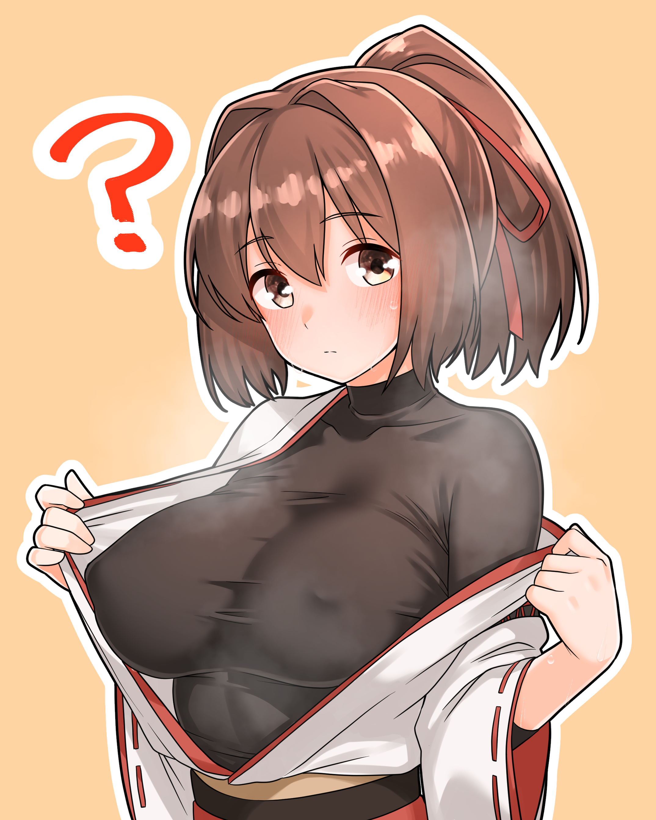 furaggu (frag 0416), ise (kancolle), kantai collection, absurdres, highres, variant set, 1girl, ?, black sweater, blush, breasts, brown background, brown eyes, brown hair, covered erect nipples, hair between eyes, hair ribbon, japanese clothes, kimono, large breasts, long sleeves, ponytail, red ribbon, ribbon, short hair, simple background, solo, steaming body, sweater, undressing, white kimono, wide sleeves