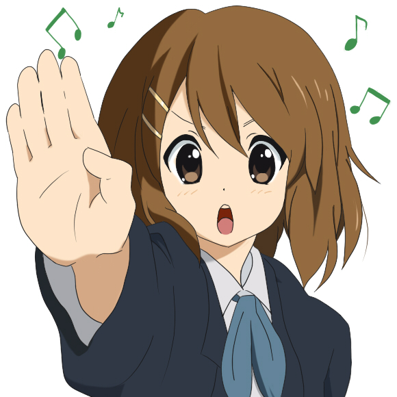 miracle (miracle1980), hirasawa yui, k-on!, 00s, 1girl, brown eyes, brown hair, female focus, hair ornament, hairclip, musical note, open mouth, round teeth, school uniform, short hair, solo, teeth