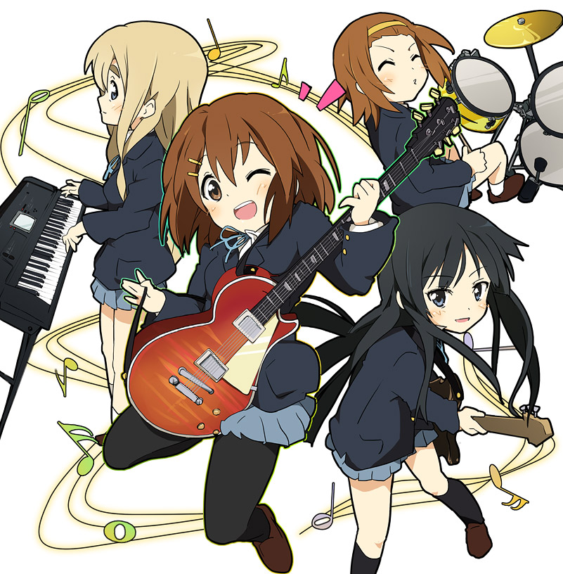 ixy, akiyama mio, hirasawa yui, kotobuki tsumugi, tainaka ritsu, k-on!, 00s, 4girls, band (music), bass guitar, black hair, blazer, blue eyes, blunt bangs, blush, brown eyes, brown hair, closed eyes, drum, drum set, electric guitar, gibson les paul, guitar, hair ornament, hairband, hairclip, hime cut, ho-kago tea time, instrument, jacket, keyboard, keyboard (instrument), long hair, multiple girls, musical note, one eye closed, pantyhose, school uniform, skirt, smile, synthesizer, wink