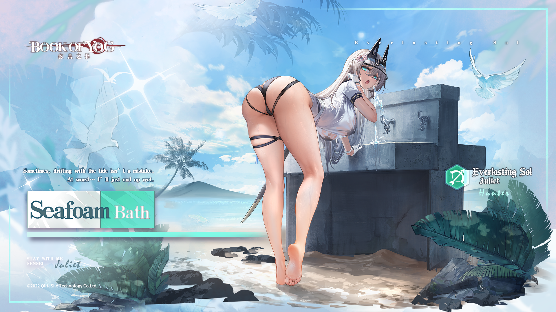 book of yog, artist request, highres, official art, 1girl, anchor symbol, ass, barefoot, bent over, bikini, bikini visible through clothes, bird, black bikini, blue eyes, copyright logo, copyright notice, dove, drinking fountain, flower, gloves, grey hair, hair between eyes, hair flower, hair ornament, juliet (book of yog), logo, ocean, open mouth, palm tree, plant, shirt, solo, swimsuit, tree, wet, wet clothes, wet shirt, white gloves, white shirt
