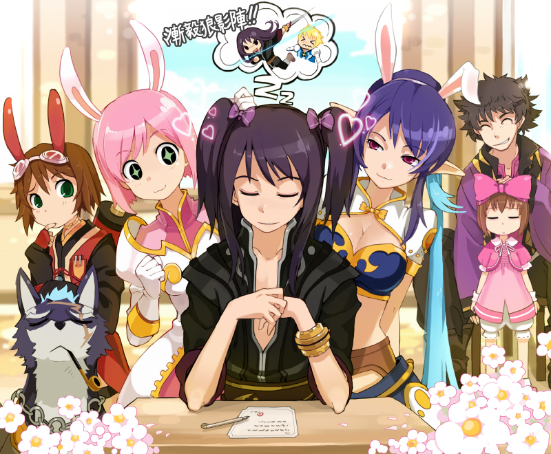 armcho, estellise sidos heurassein, flynn scifo, judith (tales), karol capel, karol capel (girly), raven (tales), repede (tales), rita mordio, yuri lowell, tales of (series), tales of vesperia, revision, + +, 00s, 3girls, 5boys, :3, animal ears, black hair, blue hair, blush, bow, breasts, brown hair, cleavage, crossdressing, dog, everyone, flower, goggles, hair ribbon, heart, kiseru, large breasts, multiple boys, multiple girls, official alternate costume, pink bow, pink hair, pointy ears, rabbit ears, rabbit tail, ribbon, short hair, smoking pipe, tail, trap, twintails