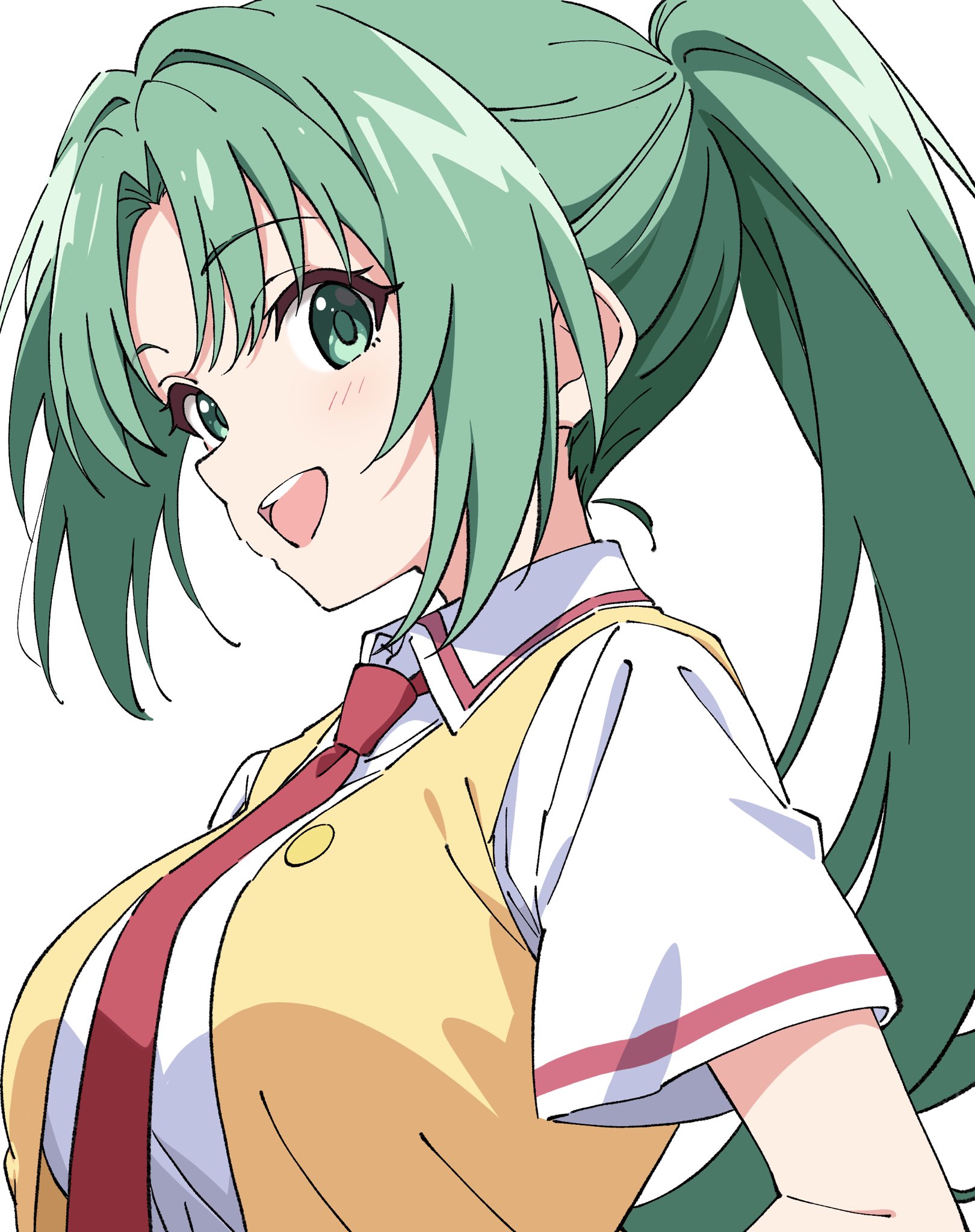 niyane, sonozaki mion, higurashi no naku koro ni, commentary request, highres, 1girl, :d, blush, collared shirt, green eyes, green hair, long hair, necktie, open clothes, open mouth, open vest, parted bangs, ponytail, red necktie, shirt, short sleeves, sidelocks, simple background, smile, solo, upper body, vest, white background, white shirt, yellow vest