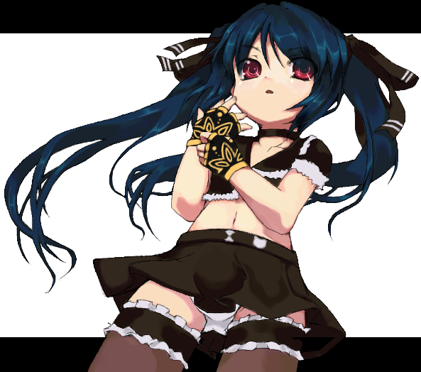 azuki akizuki, havemoon, kooh (pangya), pangya, 1girl, blue hair, child, female focus, fingerless gloves, gloves, letterboxed, long hair, midriff, panties, pantyshot, red eyes, skirt, solo, thighhighs, underwear, upskirt, zettai ryouiki