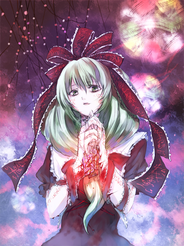 shippori, shishou, kagiyama hina, touhou, 1girl, female focus, front ponytail, green eyes, green hair, hair ribbon, long hair, matching hair/eyes, ribbon, solo, tattoo