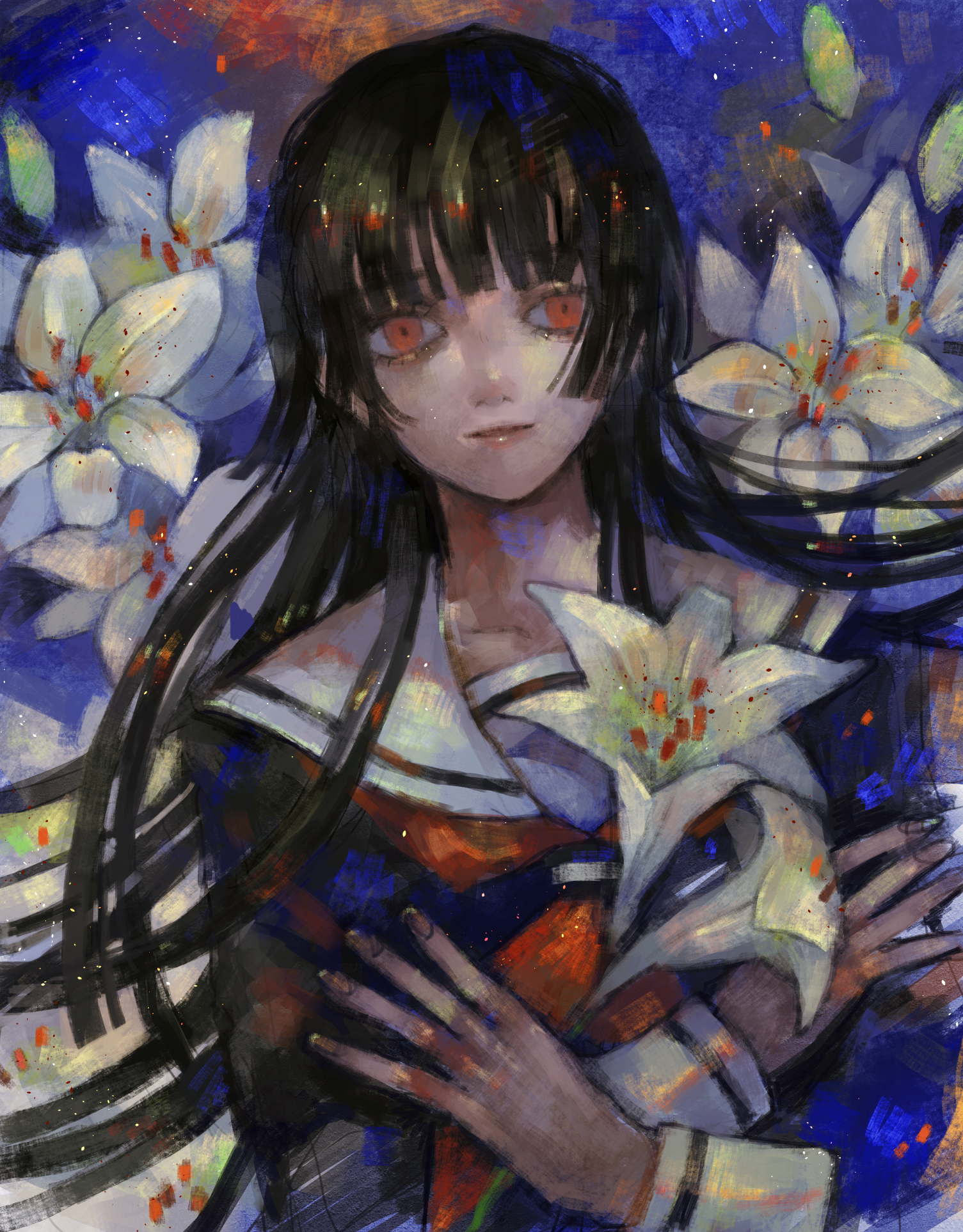 sosei, enma ai, jigoku shoujo, highres, 1girl, black hair, blunt bangs, flower, hime cut, lily (flower), long hair, school uniform, solo, white flower