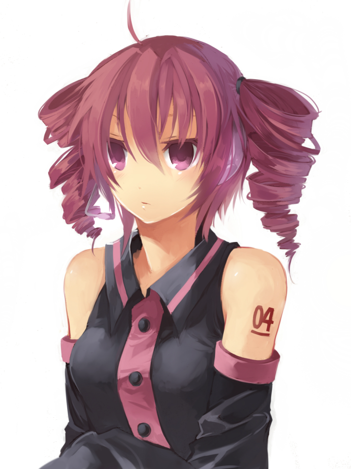 hijiri (resetter), hiz (pixiv), kasane teto, kasane teto (utau), utau, vocaloid, bad id, bad pixiv id, 1girl, ahoge, bare shoulders, blush, detached sleeves, drill hair, expressionless, female focus, headset, pink eyes, red hair, solo, twin drills, twintails