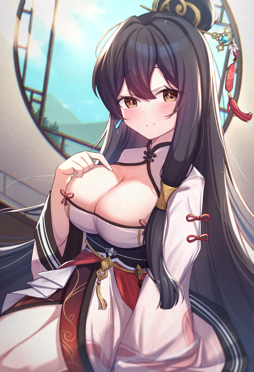 uneg, chinese commentary, commentary request, copyright request, highres, 1girl, black hair, breasts, cleavage, cleavage cutout, clothing cutout, large breasts, long hair, looking at viewer, smile, solo