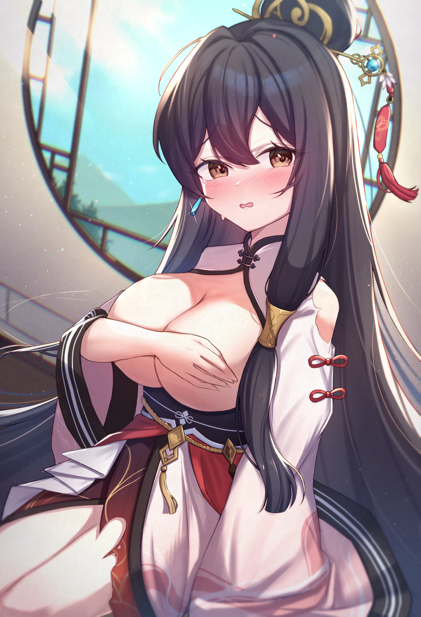 uneg, chinese commentary, commentary request, copyright request, highres, 1girl, black hair, blush, breasts, brown eyes, covering breasts, covering privates, large breasts, long hair, looking at viewer, solo