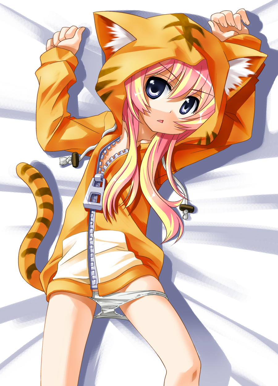 umekichi, rebecca miyamoto, pani poni dash!, bad id, bad pixiv id, highres, 00s, 1girl, :<, animal ear fluff, animal ears, animal hood, arms up, bed sheet, blonde hair, blue eyes, cat hood, clenched hand, collarbone, drawstring, female focus, flat chest, hood, hoodie, loli, long hair, lying, open mouth, orange hoodie, oversized zipper, panties, panty pull, partially unzipped, pink hair, solo, tail, tiger tail, underwear, white panties, zipper, zipper pull tab