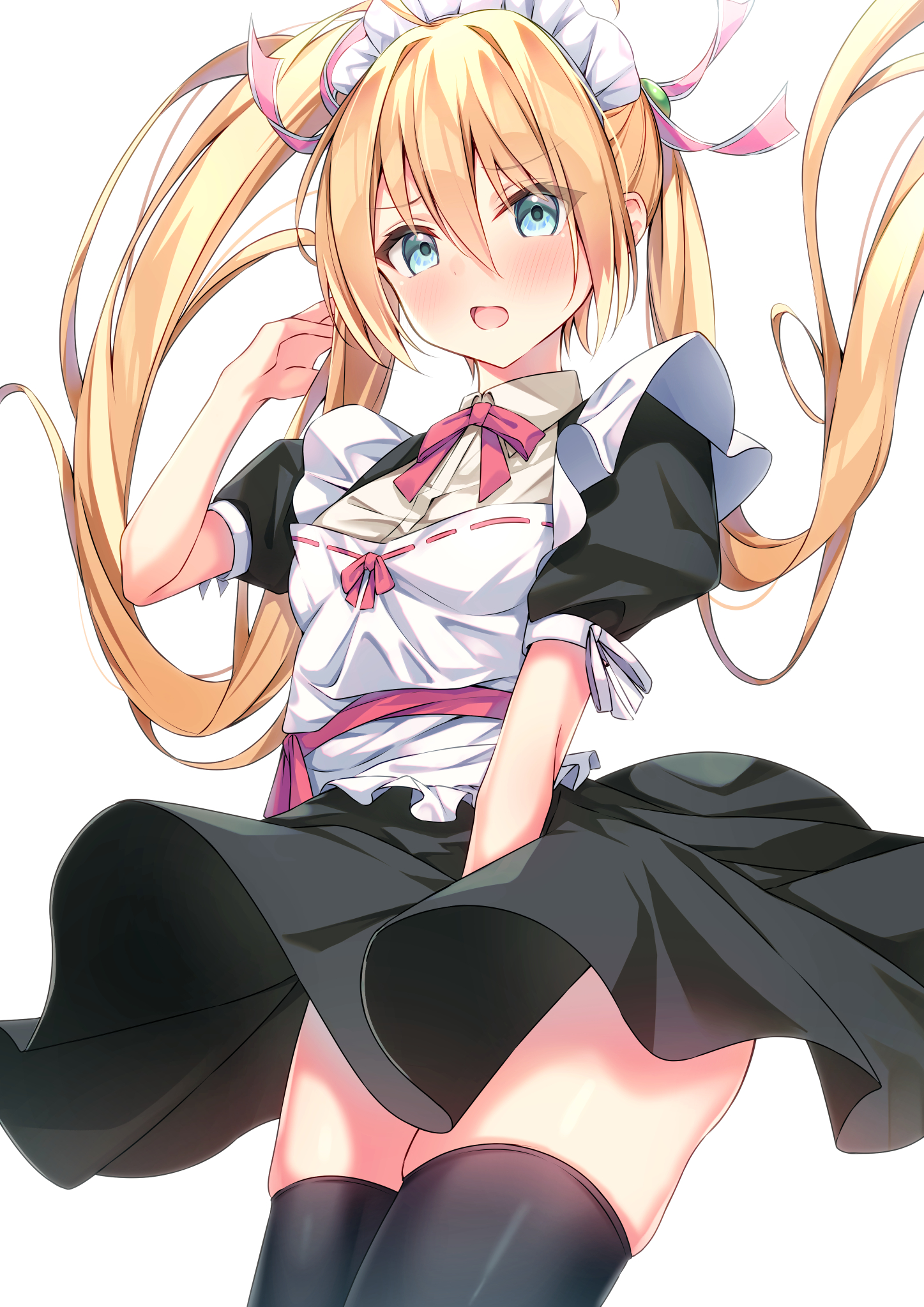 aonu koru, akitsuhara mizuho, like a butler, commentary request, highres, 1girl, apron, black skirt, black thighhighs, blonde hair, blue eyes, blush, bow, bowtie, clothes lift, cowboy shot, embarrassed, eyes visible through hair, floating hair, furrowed brow, grey shirt, hair between eyes, hair ribbon, hand up, long hair, looking at viewer, maid, maid apron, maid headdress, open mouth, pink bow, pink bowtie, pink ribbon, puffy short sleeves, puffy sleeves, ribbon, shirt, short sleeves, simple background, skindentation, skirt, skirt lift, skirt tug, solo, thighhighs, thighs, twintails, very long hair, white apron, white background, wind, wind lift
