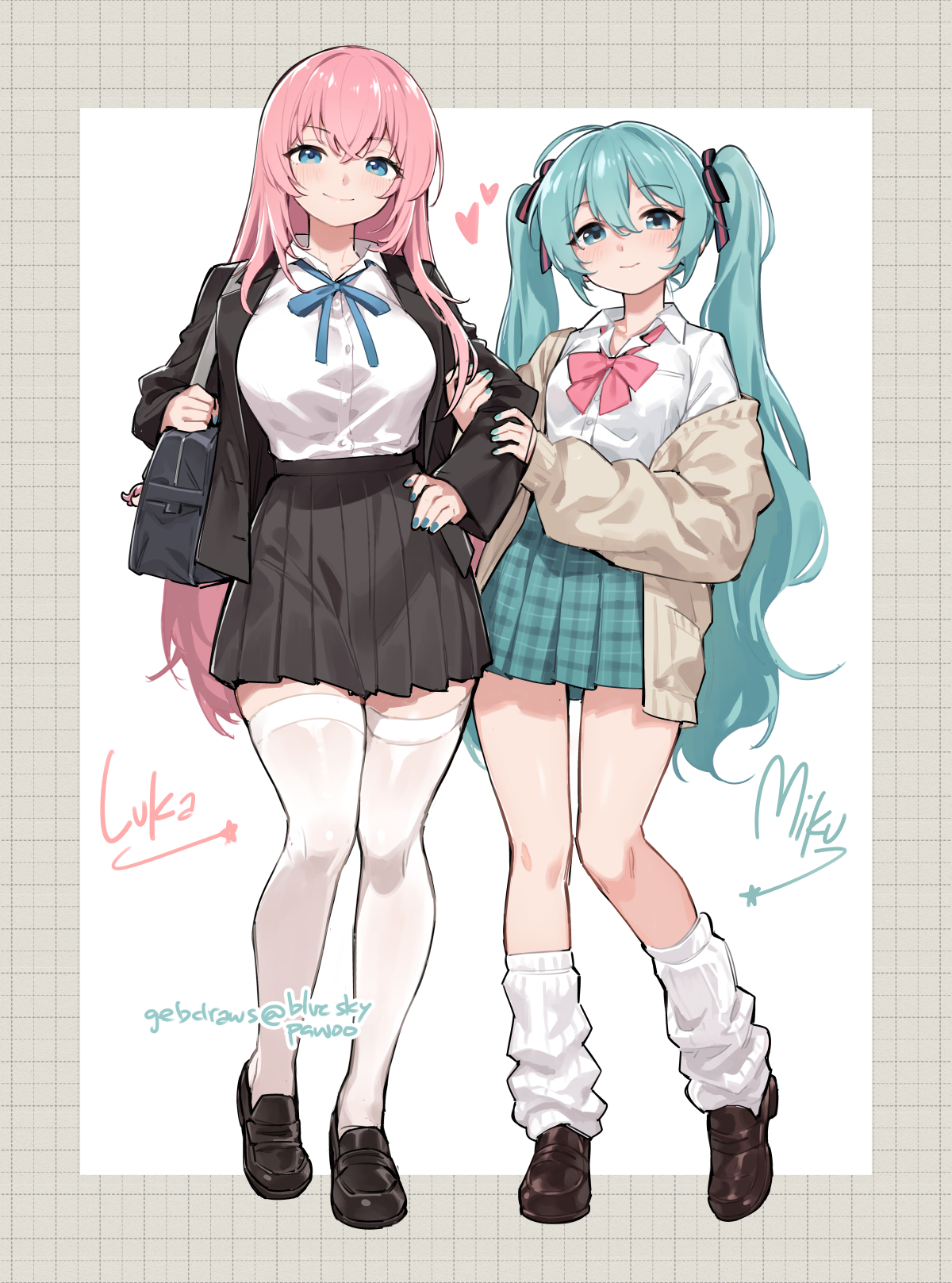 ge-b, hatsune miku, megurine luka, vocaloid, commentary request, highres, 2girls, black jacket, blue bow, blue bowtie, blue eyes, blue hair, blue nails, bluesky username, blush, bow, bowtie, breasts, brown cardigan, brown shoes, cardigan, character name, closed mouth, collared shirt, full body, green nails, green skirt, hair between eyes, heart, holding another's arm, jacket, large breasts, loafers, long hair, long sleeves, looking at viewer, loose socks, multiple girls, nail polish, off shoulder, open cardigan, open clothes, open jacket, pink bow, pink bowtie, pink hair, plaid clothes, plaid skirt, pleated skirt, ribbed socks, school uniform, shirt, shoes, simple background, skirt, smile, socks, standing, thighhighs, twintails, white background, white shirt, white socks, white thighhighs, zettai ryouiki