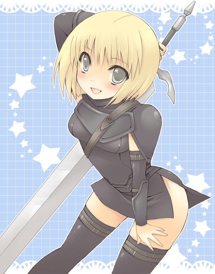 pocopoco, clare (claymore), claymore (series), 00s, 1girl, armor, blonde hair, blush, claymore (sword), female focus, grey eyes, huge weapon, open mouth, short hair, side slit, solo, sword, thigh strap, thighhighs, weapon, zettai ryouiki