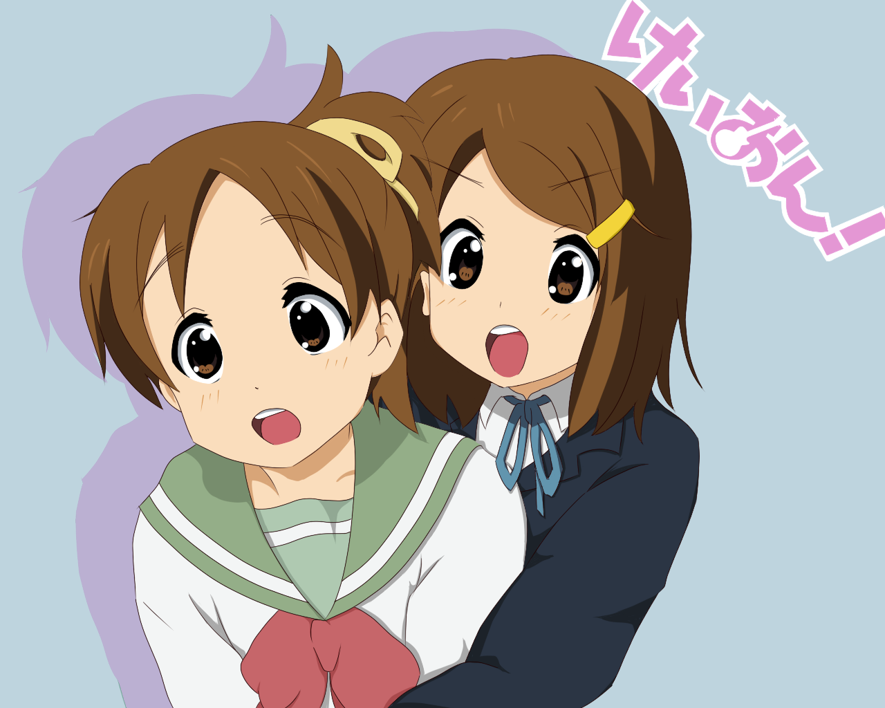 walther p27, hirasawa ui, hirasawa yui, k-on!, bad id, 00s, 2girls, brown eyes, brown hair, hair ornament, hair ribbon, hairclip, multiple girls, open mouth, ponytail, ribbon, round teeth, school uniform, serafuku, shadow, short hair, siblings, sisters, teeth