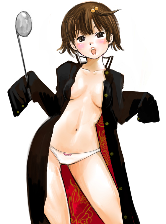 kazaana, original, 1girl, blush, breasts, brown hair, female focus, medium breasts, no bra, open clothes, oversized clothes, panties, short hair, solo, topless female, underwear, white panties