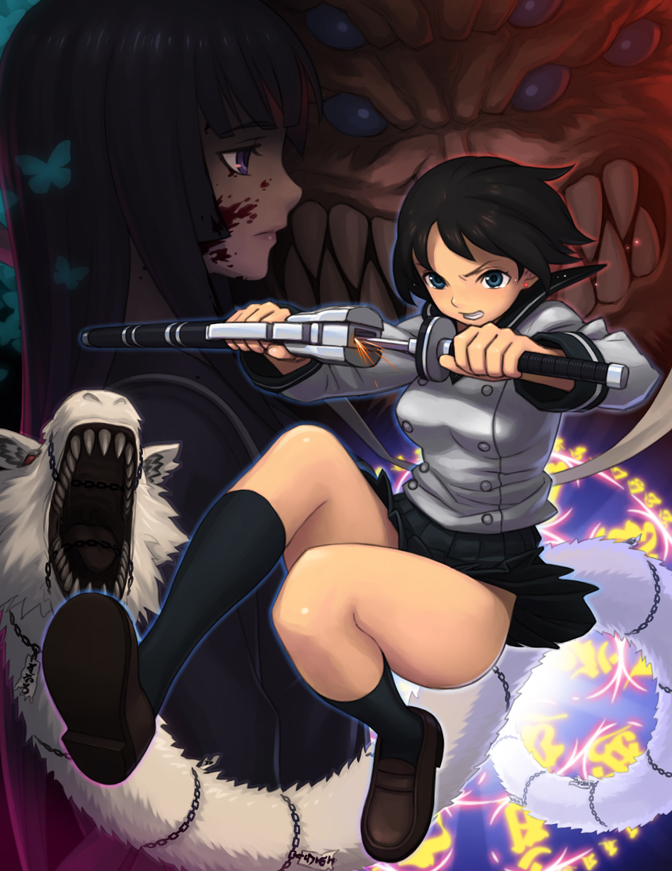 iyokawa, isayama yomi, tsuchimiya kagura, ga-rei, ga-rei zero, 00s, blood, katana, legs, monster, school uniform, skirt, socks, sword, weapon