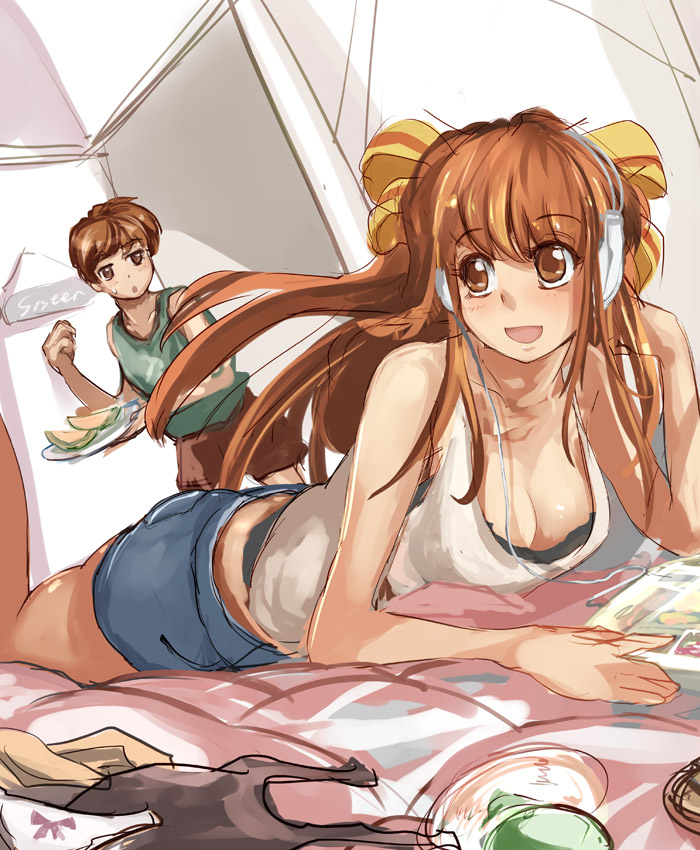 suoni (deeperocean), original, bad id, bad pixiv id, 1boy, 1girl, breasts, brother and sister, brown eyes, brown hair, cleavage, downblouse, hair ribbon, headphones, large breasts, long hair, lying, ribbon, shorts, siblings