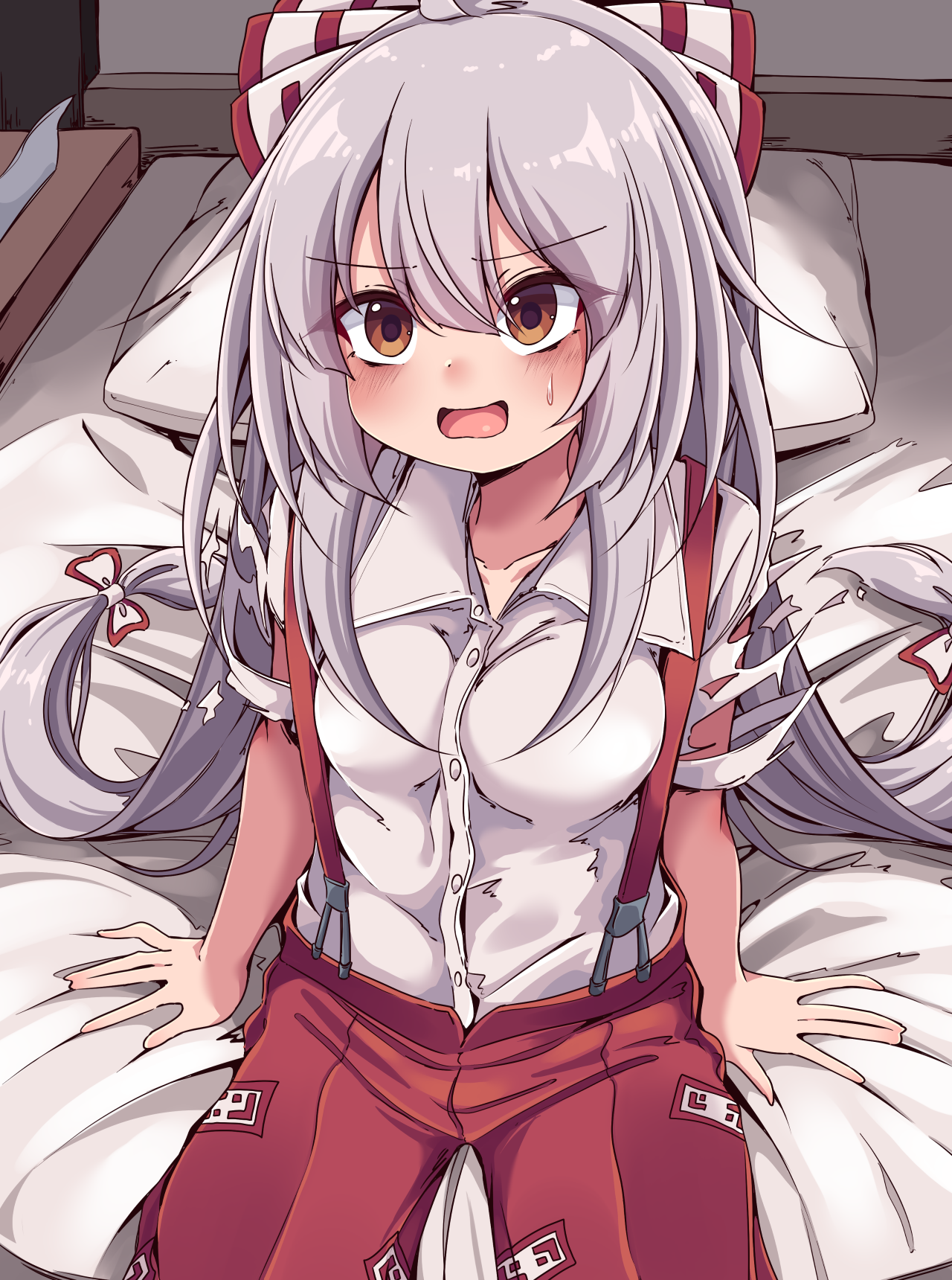 siw0n, fujiwara no mokou, touhou, commentary request, highres, textless version, 1girl, bed, blush, bow, breasts, brown eyes, collarbone, collared shirt, flying sweatdrops, grey hair, hair bow, long hair, ofuda, ofuda on clothes, on bed, open mouth, pants, pillow, red eyes, red pants, shirt, short sleeves, sitting, solo, suspenders, sweatdrop, tissue box, torn clothes, torn sleeves, very long hair, white bow, white shirt