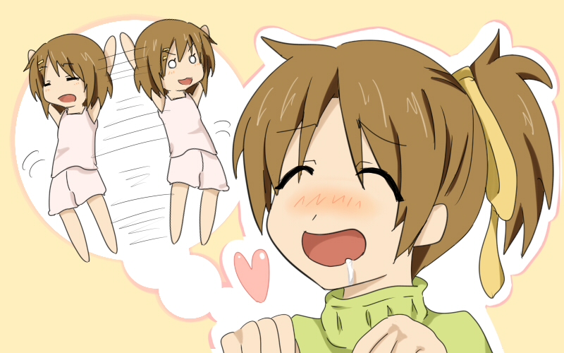hisae (hisae collect), kue (pixiv171163), hirasawa ui, hirasawa yui, k-on!, bad id, bad pixiv id, 00s, 2girls, blush, brown hair, closed eyes, drooling, hair ornament, hair ribbon, hairclip, heart, imagining, incest, multiple girls, o o, ponytail, ribbon, saliva, short hair, siblings, sisters, smile, tank top, yuri