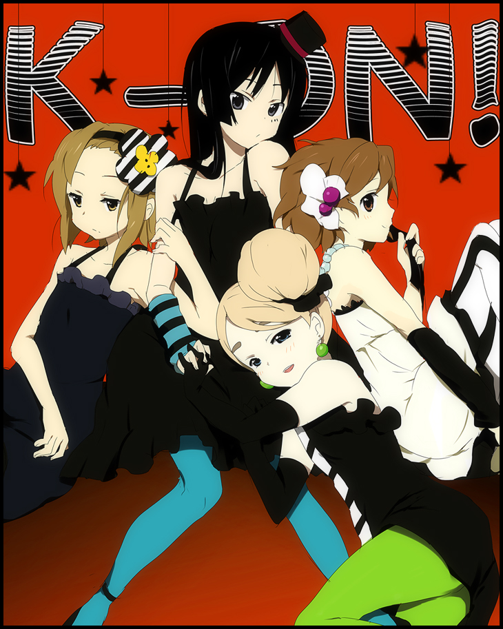 kl (dgzonbi), akiyama mio, hirasawa yui, kotobuki tsumugi, tainaka ritsu, don't say "lazy", k-on!, striped legwear, vertical-striped legwear, 00s, 4girls, black hair, blue eyes, blue pantyhose, blunt bangs, blush, brown hair, dress, earrings, frills, green pantyhose, hair bun, hairband, hat, hime cut, ho-kago tea time, jewelry, long hair, mini hat, mini top hat, multiple girls, pantyhose, short hair, single hair bun, smile, star (symbol), striped clothes, striped pantyhose, top hat, vertical-striped clothes, vertical-striped pantyhose